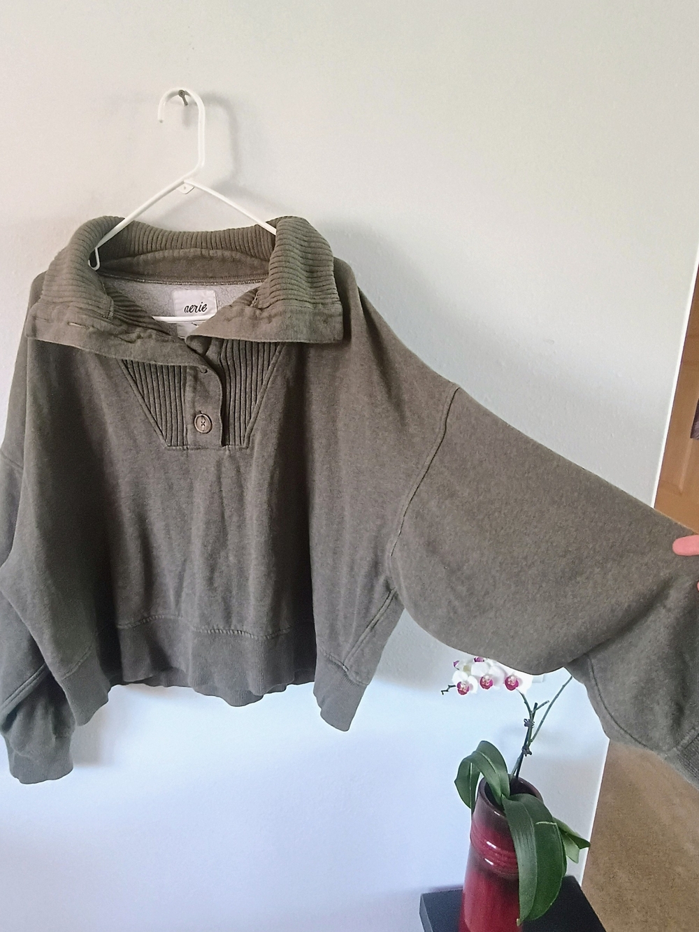 aerie Olive Cropped Button-Front Turtleneck Sweater